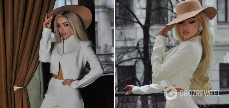 Жена футболиста ''Динамо'' раскрыла пиджак, засветив грудь без бюстгальтера